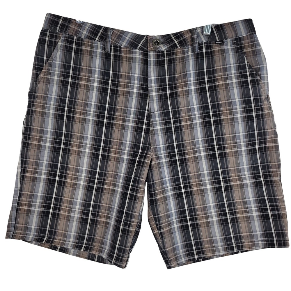 Vintage Hurley Plaid Shorts Mens 36 Black Blue Tan Grey